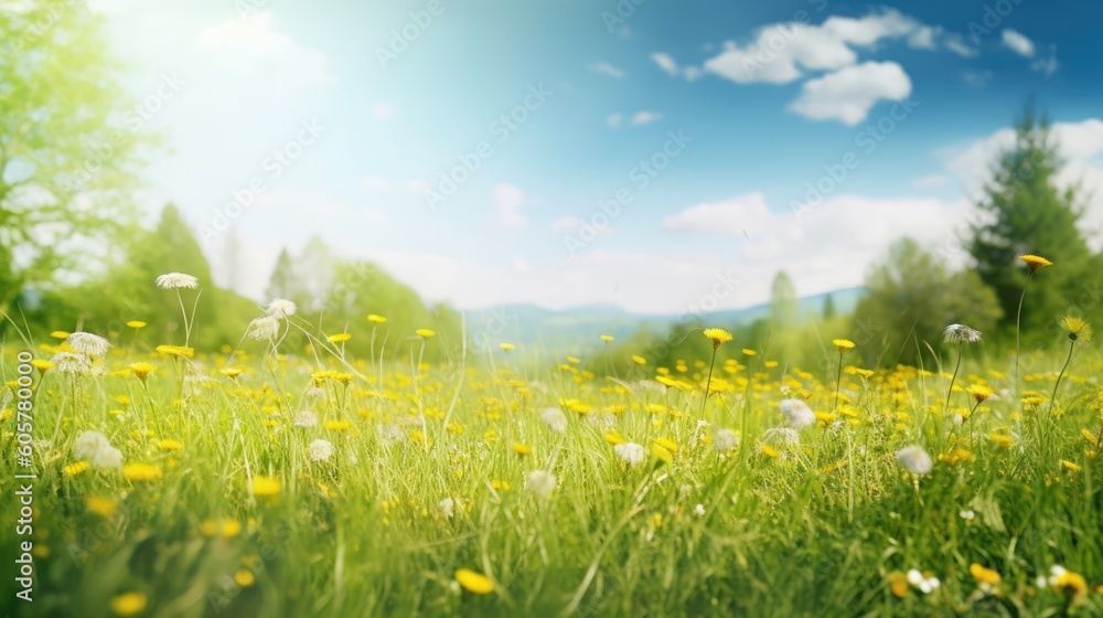 Beautiful meadow field with fresh grass and yellow dandelion flowers in nature against a blurry blue sky with clouds. Summer spring perfect natural landscape