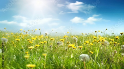 Beautiful meadow field with fresh grass and yellow dandelion flowers in nature against a blurry blue sky with clouds. Summer spring natural landscape