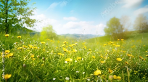 Beautiful meadow field with fresh grass and yellow dandelion flowers in nature against a blurry blue sky with clouds. Summer spring perfect natural landscape © Eli Berr