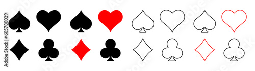 Playing card suits icon set. Casino symbols collection. Vector illustration isolated on white.