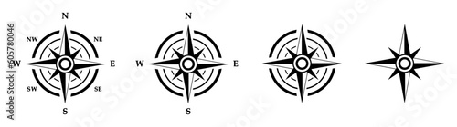 Compass wind rose icon set. Navigational symbol group. Vector illustration isolated on white.