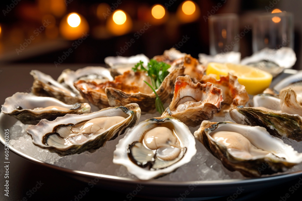 Fresh oysters on ice, elegant serving, Generative AI Fresh oysters on ice, elegant serving, Generative AI