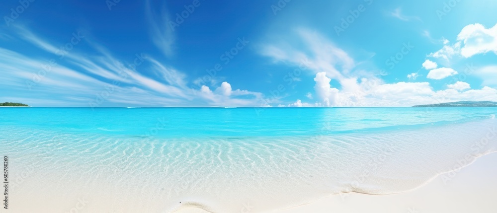 Beautiful sandy beach with white sand and rolling calm wave of turquoise ocean on Sunny day on background white clouds in blue sky. Island in Maldives, colorful perfect panoramic natural landscape