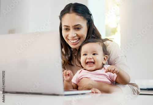 Smile, remote work and woman with baby and laptop, happy freelancer worker with online project on maternity leave. Work from home, mother and toddler with happiness, internet search and virtual job. photo