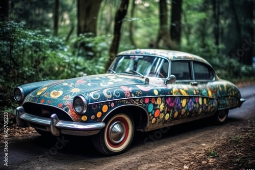 a hippie flower power-style painted car - generative AI