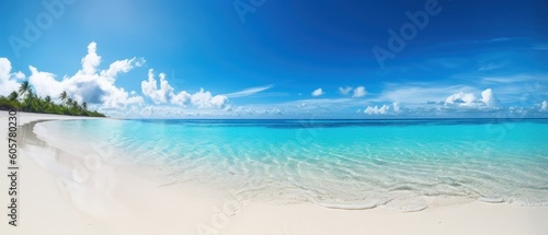 Beautiful sandy beach with white sand and rolling calm wave of turquoise ocean on Sunny day on background white clouds in blue sky. Island in Maldives, colorful perfect panoramic natural landscape © Eli Berr