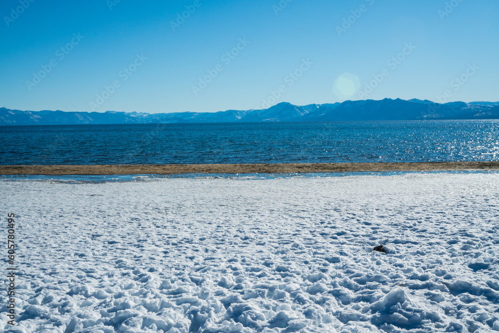 Snow covering Incline Beach in Lake Tahoe