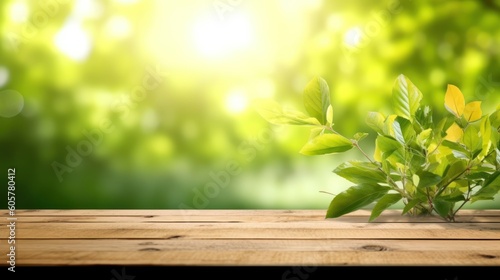 Beautiful spring background with green juicy young foliage and empty wooden table in nature outdoor. Natural template with Beauty bokeh and sunlight