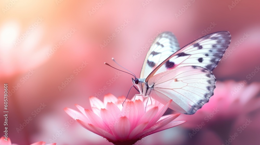 Delicately pink romantic natural floral background with a white butterfly on flower in soft daylight with beautiful bokeh and pastel colors, close up macro Delicately pink romantic natural floral background with a white butterfly on flower in soft daylight with beautiful bokeh and pastel colors, close up macro