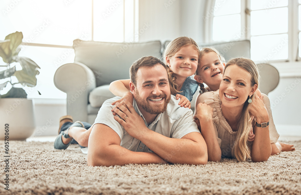 Φωτογραφία Portrait of mother, father and children on living room floor for bonding, quality time and playing together