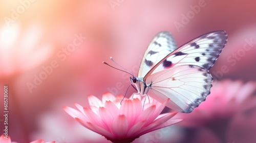 Delicately pink romantic natural floral background with a white butterfly on flower in soft daylight with beautiful bokeh and pastel colors, close up macro © Eli Berr