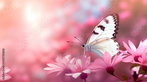 Delicately pink romantic natural floral background with a white butterfly on flower in soft daylight with beautiful bokeh and pastel colors, close up macro