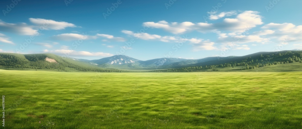 Panoramic natural landscape with green grass field, blue sky with clouds and and mountains in background. Panorama summer spring meadow. Shallow depth of field