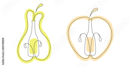 Set of vector simple illustrations of apple and pear lemonade. Bottles of homemade cider.