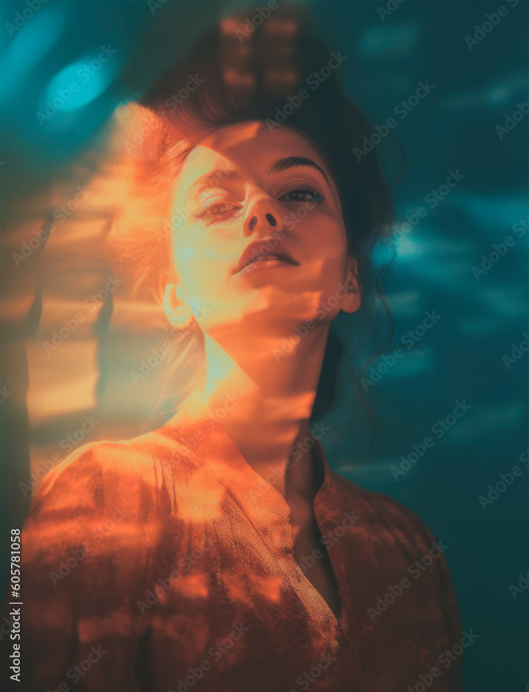 Person in the Light. Surreal Art of a Woman in Harsh Light and Reflections. Light Plays. Epic Portrait of a Lady in front of Turquoise and Blue Wall. Generative AI. 