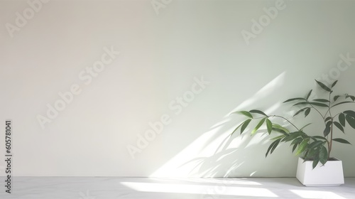 Minimalistic light background with blurred foliage shadow and plant on a light wall. Beautiful background for presentation
