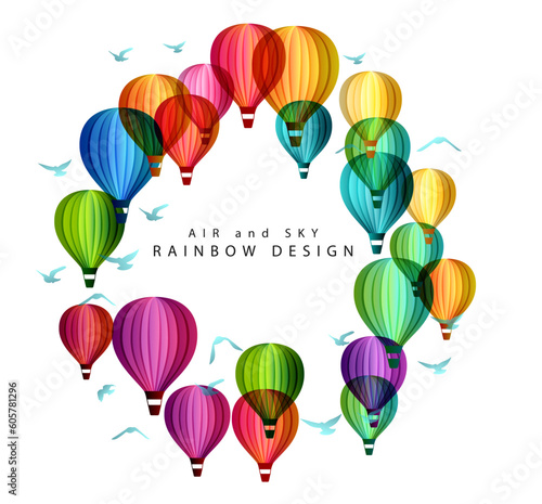 Rainbow air balloons composition. Colorful abstract vector background. Circle frame for travel, adventure, holiday or festival conceptual design.