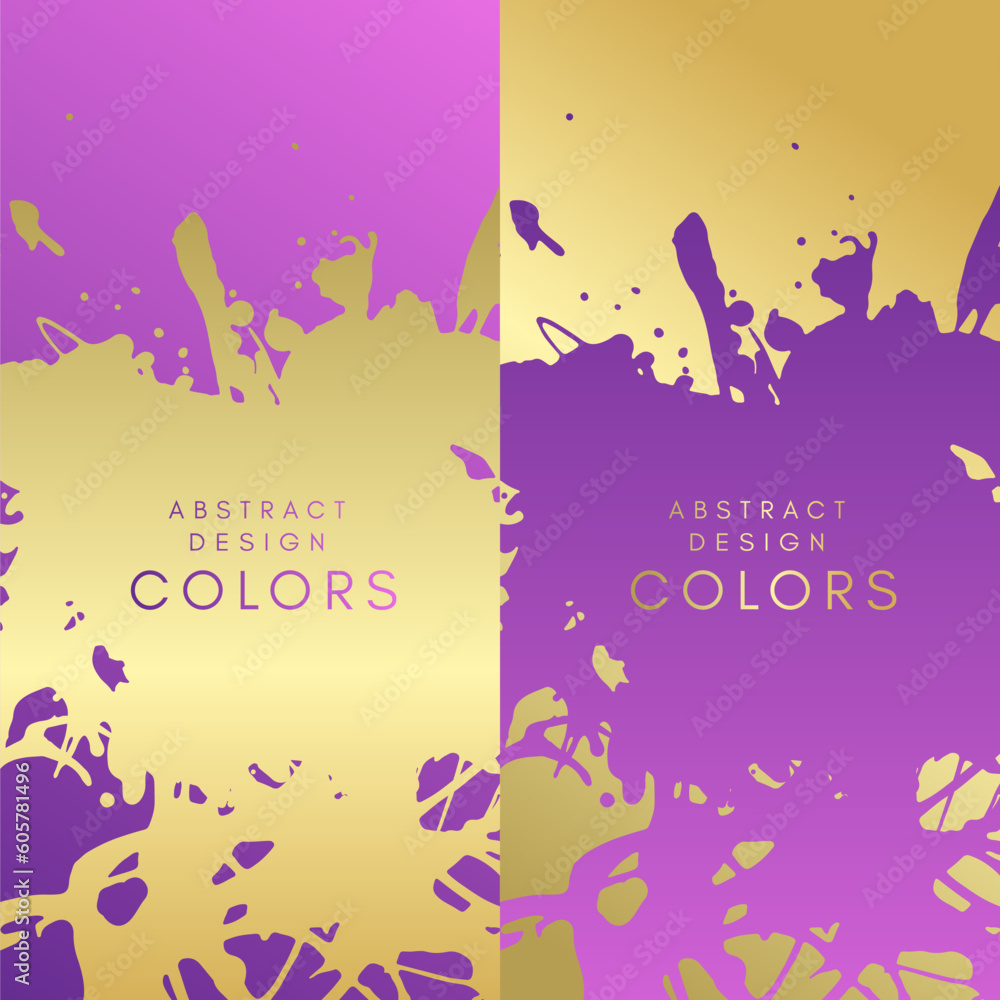 Purple artistic horizontal banners with golden paint splash decoration elements. Abstract creative design. Backgrounds collection with hand drawn texture.