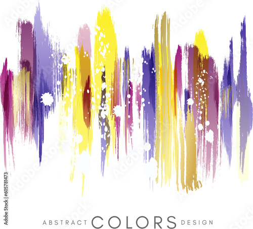 Colorful hand drawn decoration element from brush strocks. Abstract creative design from purple, violet, yellow and golden paint lines.