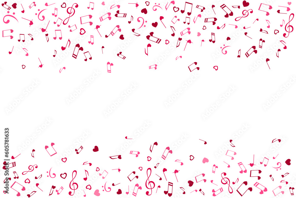 Notes and hearts horizontal borders. Love Music decoration element isolated on the white background.