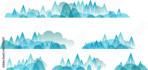 Panoramic of countryside landscapes collection, Horizontal borders of winter landscape with clouds, mountains, hills and trees.