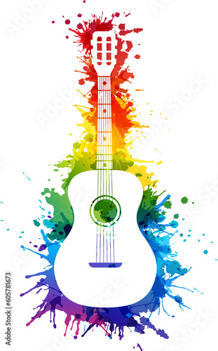 Fototapeta Naklejka Na Ścianę i Meble -  Creative rainbow musical illustration. Vector decoration element with white guitar silhouette and rainbow paint splashes