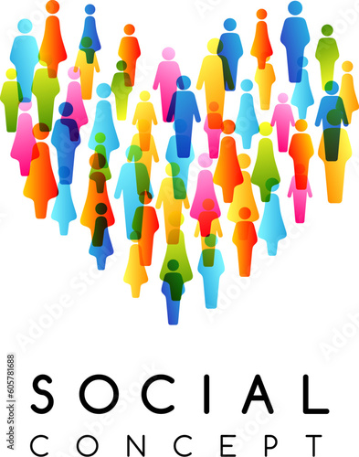 Social conceptual emblem. Vector illustration with heart sign with people silhouettes texture.