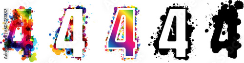4 numbers with rainbow and black paint splash decorative elements. Colorful 4 number emblems collection. Vector illustration in artistic style.