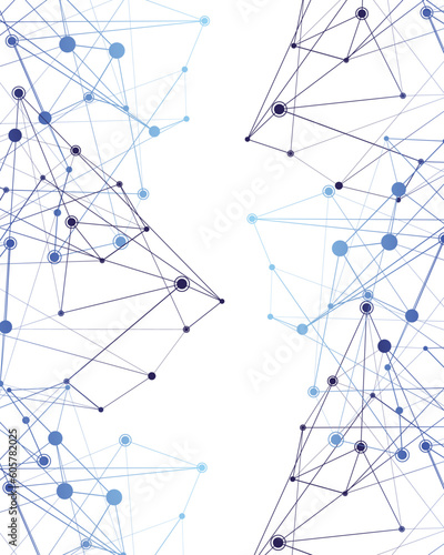 Structure of particles or molecules. Connected line and dots.