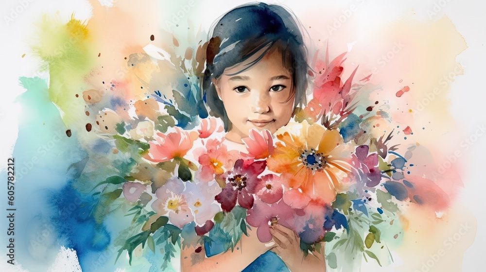 Abstract watercolor painting of a little girl holding a large bouquet of summer flowers, Generative AI Abstract watercolor painting of a little girl holding a large bouquet of summer flowers, Generative AI