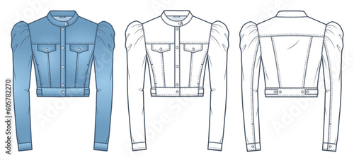 Cropped Denim Jacket technical fashion illusrtation. Puff Sleeve Jacket fashion flat technical drawing template, button, pocket, slim fit, front and back view, white, blue color, women CAD mockup set.