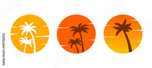 Palm sunset circle golden summer vector design travel icon. Palm golden sunset summer isolated fashion beauty tropical template.