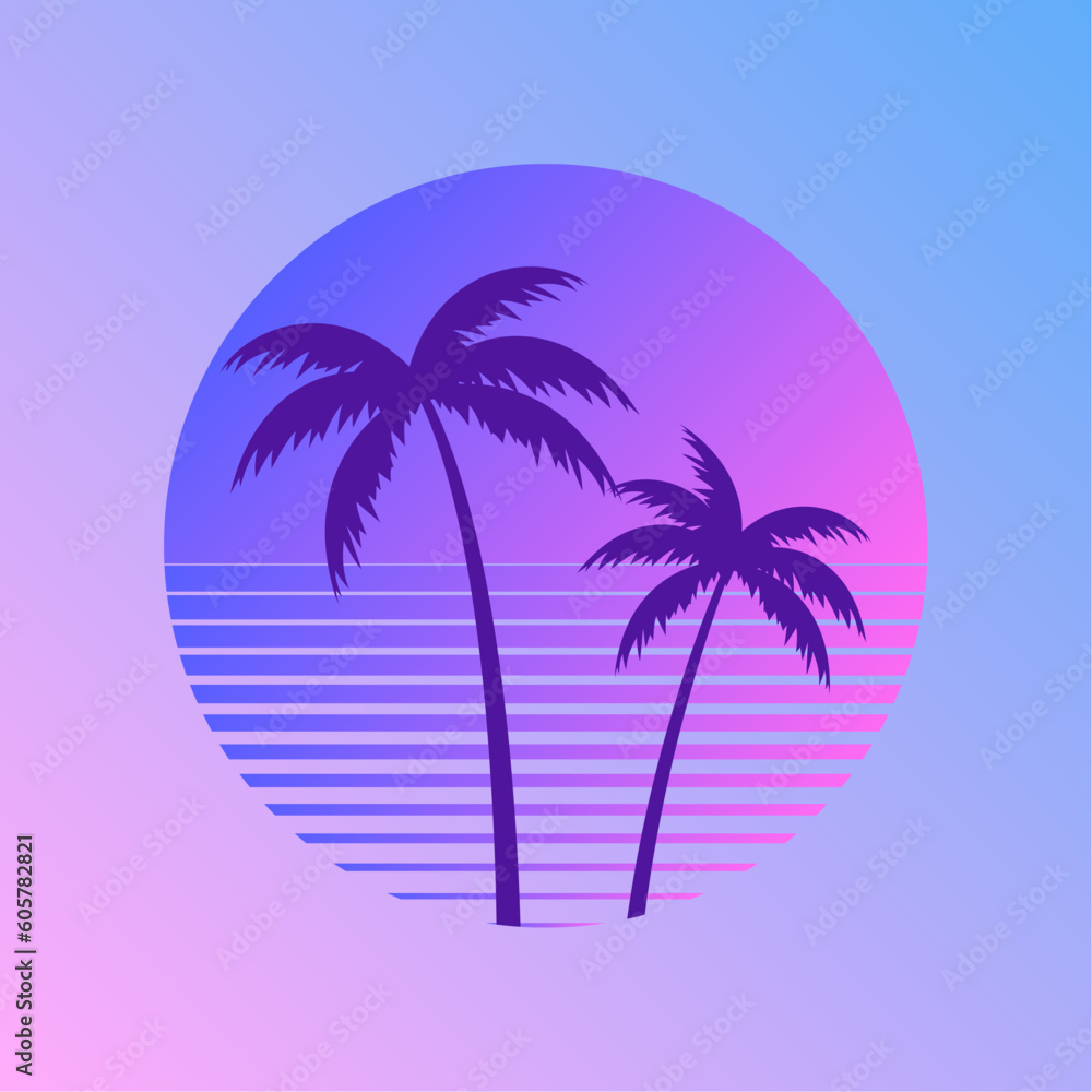 Sunset beach california retro icon. 90s Palm retro california circle gradient silhouette vintage 80s disco print hawai vacation.