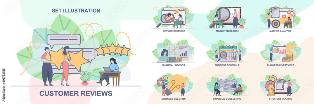 Set of web page design templates for business management, financial advisor. business solution, financial consulting web page composition with people characters. Modern vector illustration concepts Set of web page design templates for business management, financial advisor. business solution, financial consulting web page composition with people characters. Modern vector illustration concepts