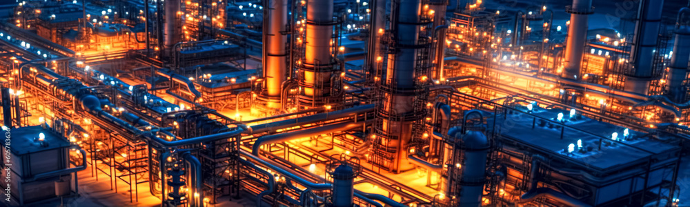 Oil refinery plant from industry zone, drone view oil and gas petrochemical industrial. bokeh wide panorama. Refinery factory oil storage tank and pipeline steel at night