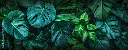 Green leaves background. Green tropical monstera leaves, palm leaves, coconut leaf, fern, palm leaf, banana leaf. Panoramic background. nature concept	