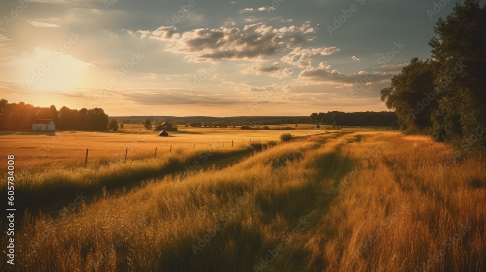 Obraz premium Landscape of a sunset over the field in the morning. Nature background. AI generated