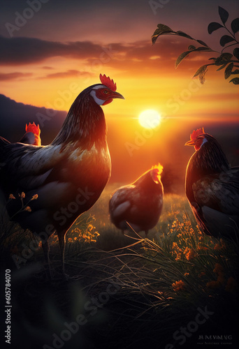 Several chickens graze in the yard at sunset. AI Generated