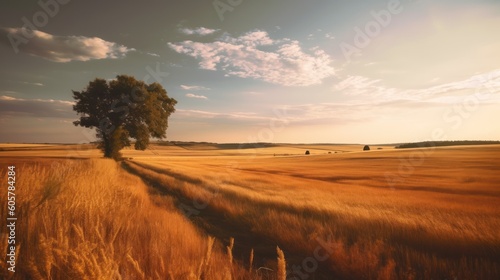 Landscape of a sunset over the field in the morning. Nature background. AI generated