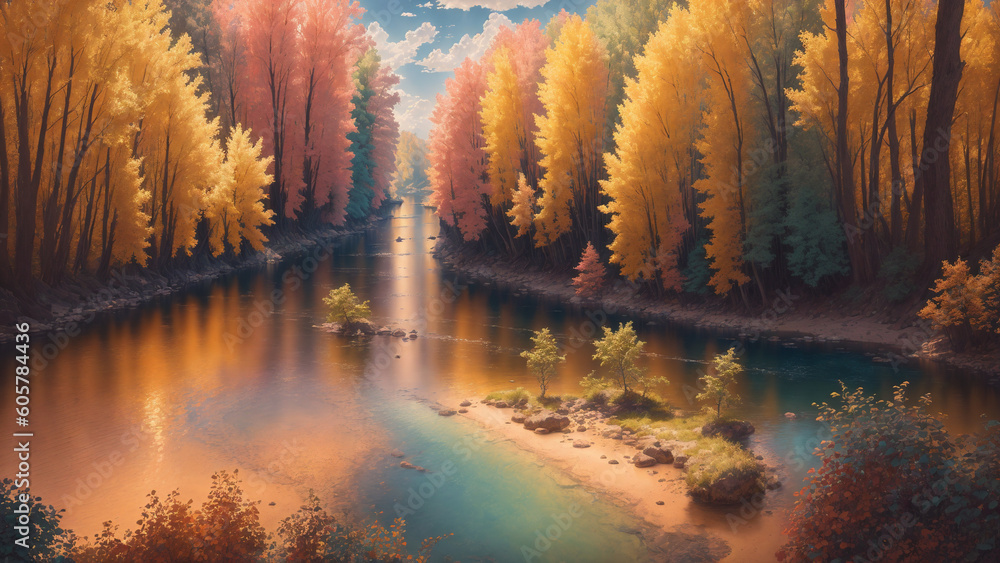 River in autumn season, painting, Generative AI illustrations