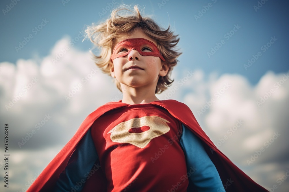 A boy dreams of having superpowers and defending the defenseless, and being a hero. Fictitious person generated by Ai. - obrazy, fototapety, plakaty 