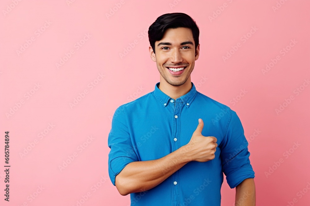 A man poses with arms crossed, isolated on blue background, Ai generated fictional person. A man poses with arms crossed, isolated on blue background, Ai generated fictional person.