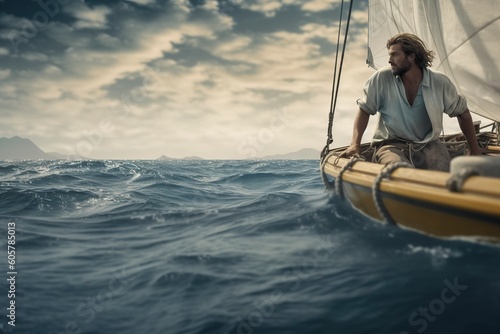 Amidst the vast sea, a handsome man sails his small boat, embracing solitude and finding serenity. Ai Generated
