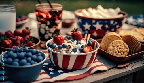 Concept art of Picnic in nature in honor of the 4th of July with traditional American snacks,dedicated to the holiday of the USA Independence Day - July 4th.Generative AI