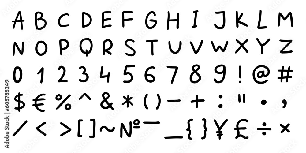 Simple black english latin abc alphabet font with digits and symbols handwritten A to Z, 0 to 9 set. Vector illustration in doodle style isolated on white background. For card, logo, typography. Simple black english latin abc alphabet font with digits and symbols handwritten A to Z, 0 to 9 set. Vector illustration in doodle style isolated on white background. For card, logo, typography.