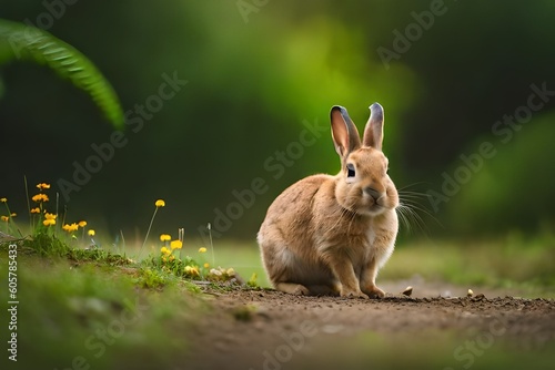 A wild orange Rabbit or bunny with big ears in a fresh green forest in summer  © Awais05