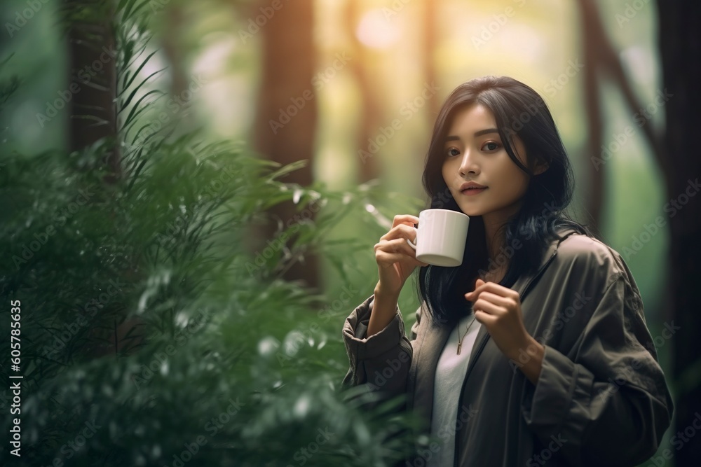 An Asian woman finds serenity and relaxation as she indulges in a cup of tea amidst a beautiful garden.Fictitious person generated by Ai. An Asian woman finds serenity and relaxation as she indulges in a cup of tea amidst a beautiful garden.Fictitious person generated by Ai.