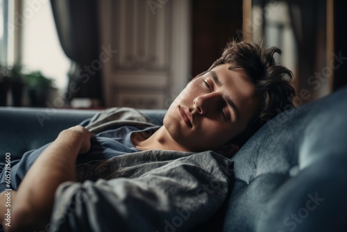 A young man falls exhausted and tired in the sorá at home, for a nap after exhausting work. Ai generated.