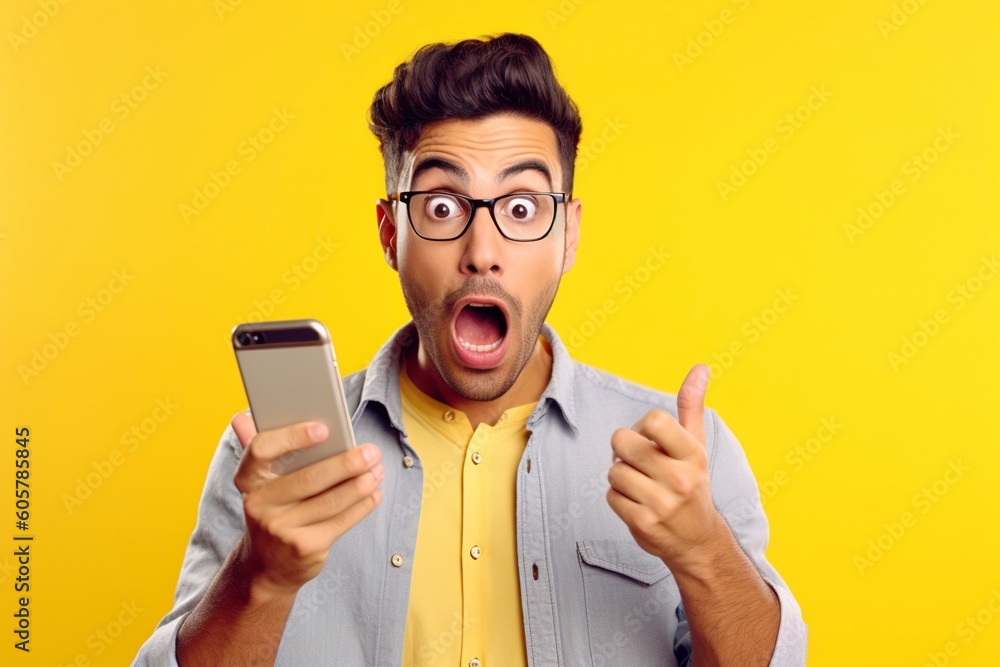 With a shocked expression, the man holds his phone, captivated by the humorous content he just discovered. Ai generated fictional person. With a shocked expression, the man holds his phone, captivated by the humorous content he just discovered. Ai generated fictional person.