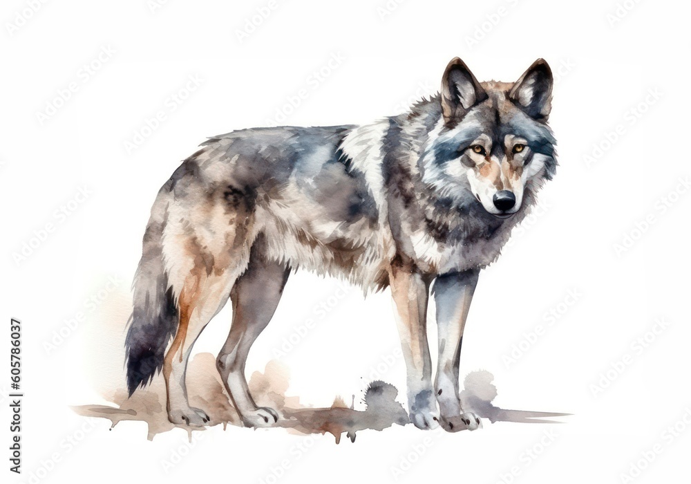 Watercolor illustration of a gray wolf on white background. Generative AI.
